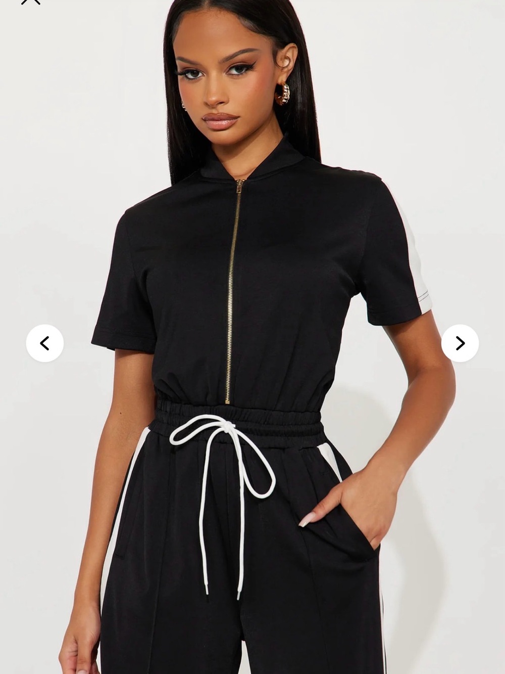 Fashion Nova Black Short-Sleeve Zip-Front Jumpsuit with White Trim